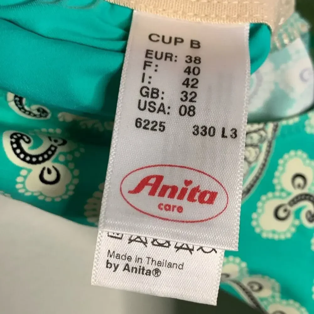ANITA Paisley One-Piece Swimsuit V-Neck Scoop Back Turquoise Multicolor Size 8
